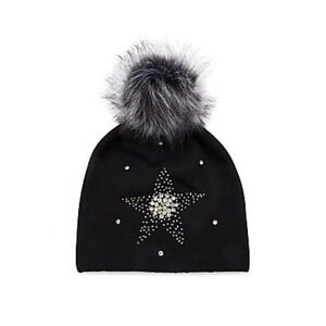Black Crystal Star Beanie w/ Faux Fur Pom • Adrienne Landau • NWT Y2K Statement